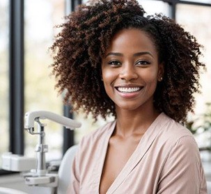 Woman seated and smiling in dentist’s chair