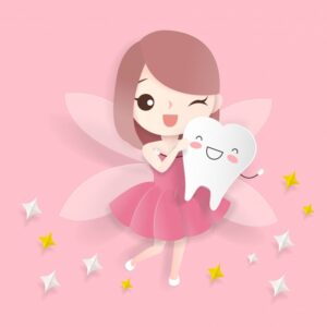 Cute, pink tooth fairy illustration of her hugging a happy tooth