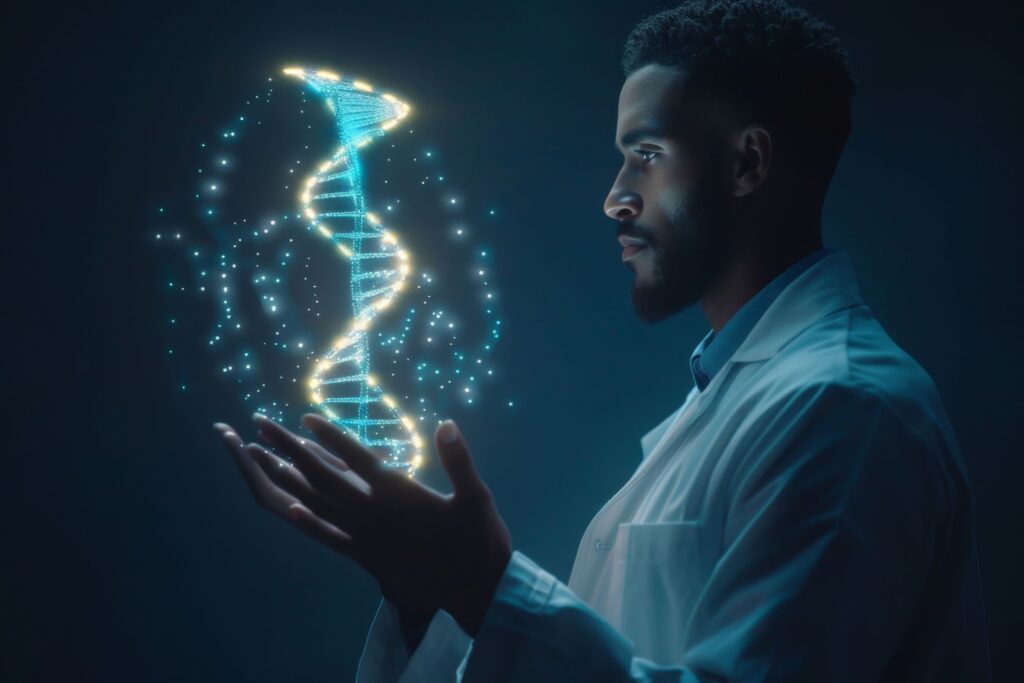 Dentist in white jacket holding levitating DNA sequence